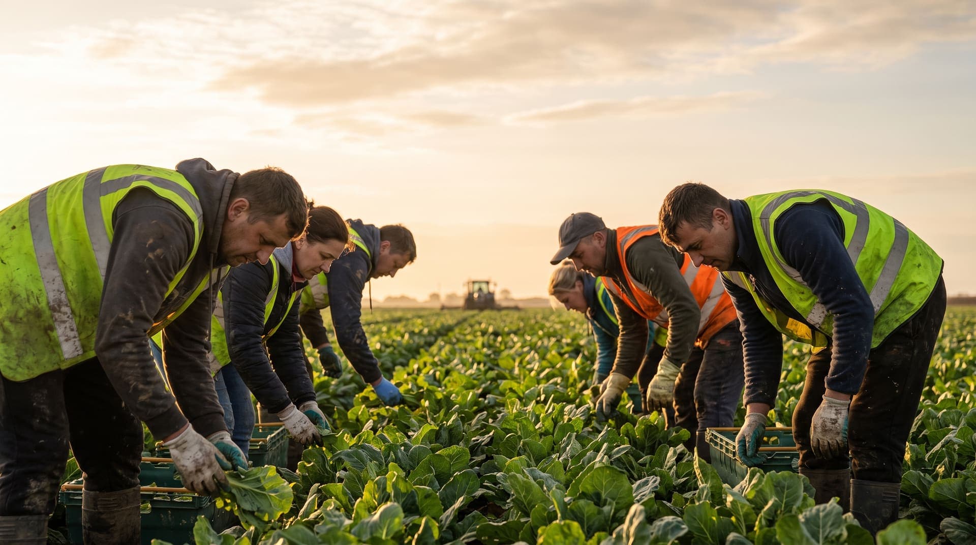 Seasonal workers harvesting vegetables in an East Anglian field at golden hour