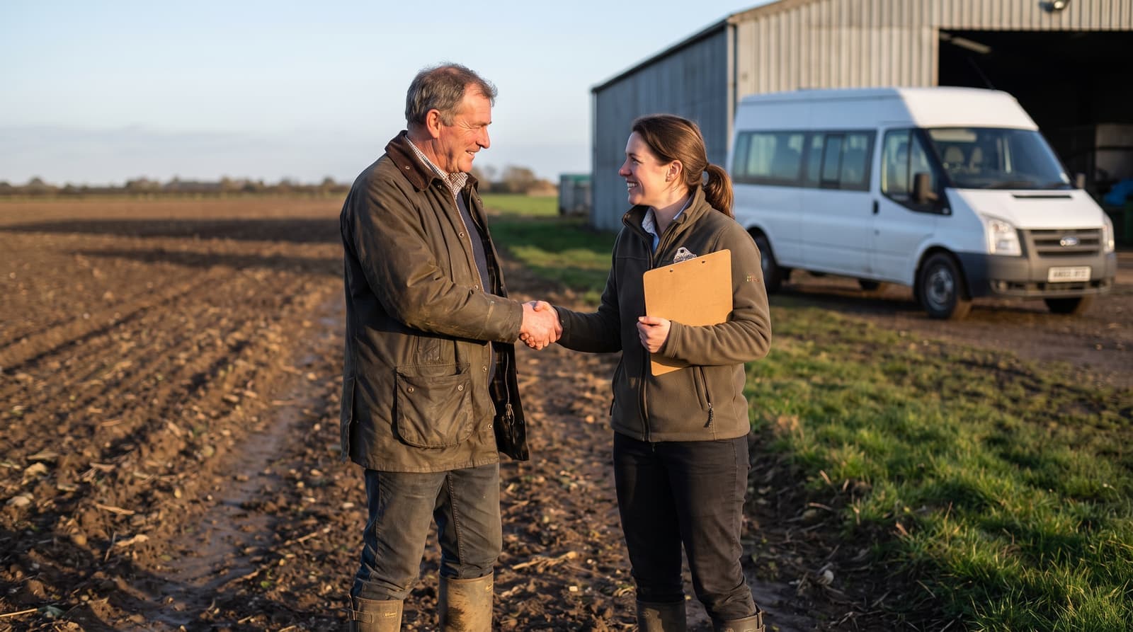 A farm manager shaking hands with a WMS account manager at the edge of a field